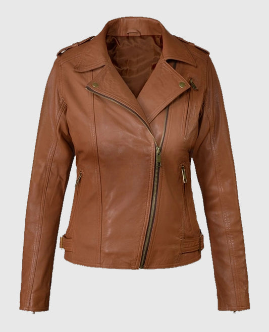 Women's Charlotte Log Cabin Biker Leather Jacket in Brown