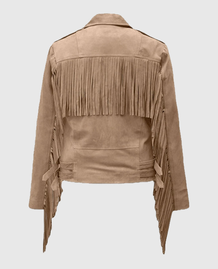 Women's Dusty Beige Suede Leather Fringes Biker Jacket