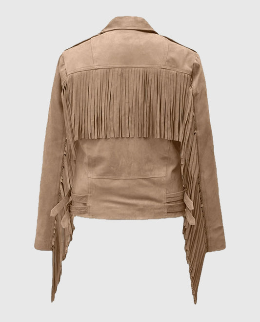 Women's Dusty Beige Suede Leather Fringes Biker Jacket