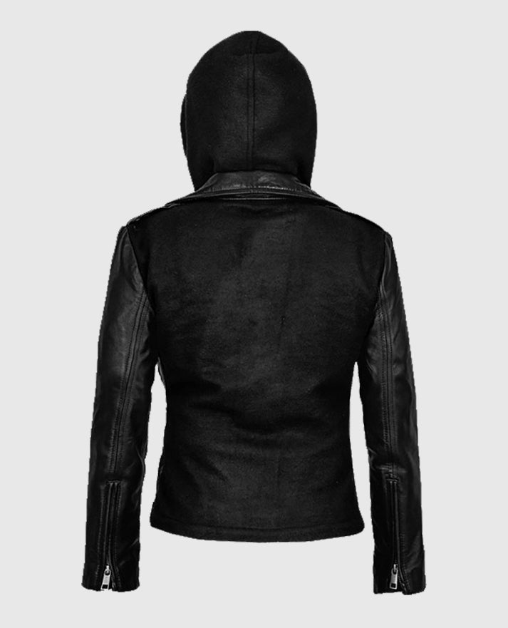 Women's Hooded Black Leather Biker Jacket