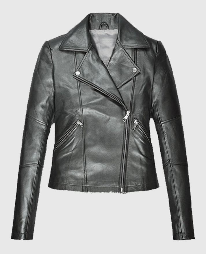 Women's Metallic Gray Biker Leather Jacket - second image