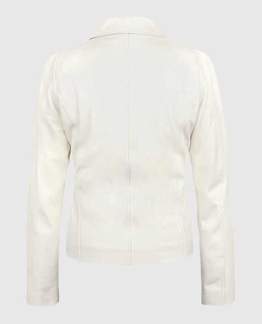 Women's Off-White Shirt Style Collar Leather Jacket