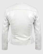 Women's Round Neck White Leather Biker Jacket