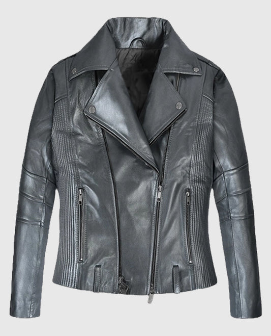 Women's Silver Biker Leather Jacket