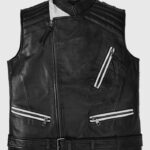 Men's Black Belted Biker Vest with White Highlights